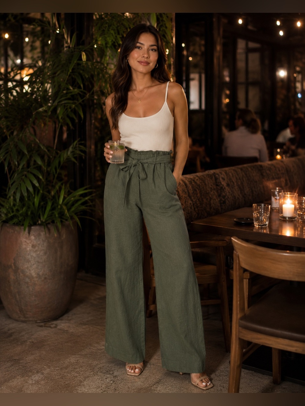 J Jill Olive Green Linen Tie Waist Relaxed Pants Coastal Minimalist Size S